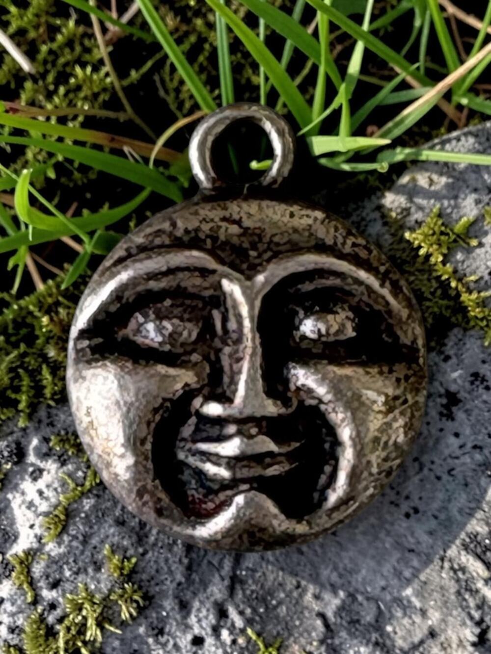 Vintage Silver Celestial Face Pendant Raised Sun and Moon Motif Charm